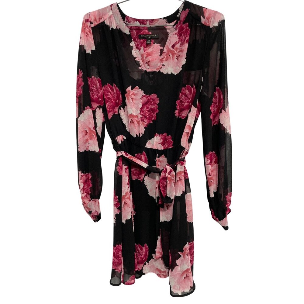 Banana Republic Dress Size XS Floral VNeck Long Sleeve Tie Waist Black Pink Boho